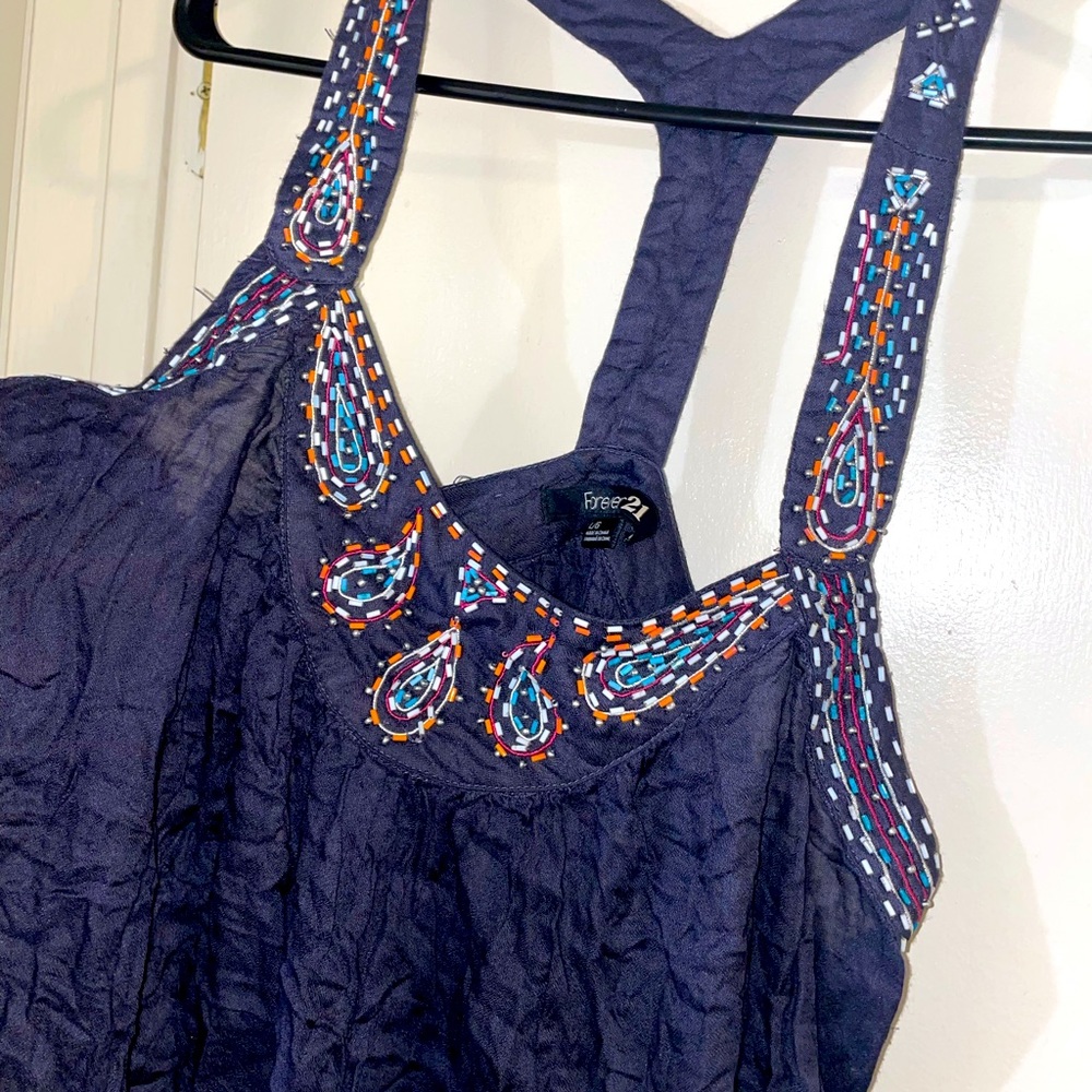 Forever 21- Navy Beaded embroidered shirt, Size Lg